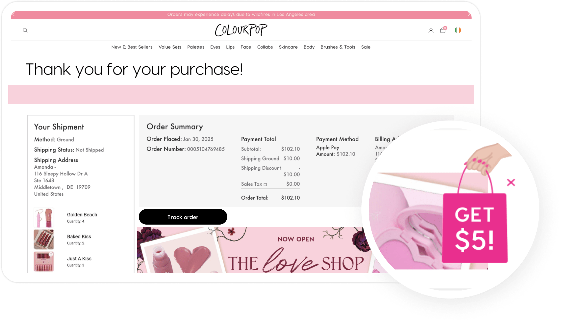 “Thank You” Page Best Practices for Your Referral Program (With Examples)_A post-purchase widget could work_Colourpop post-purchase referral campaign widget