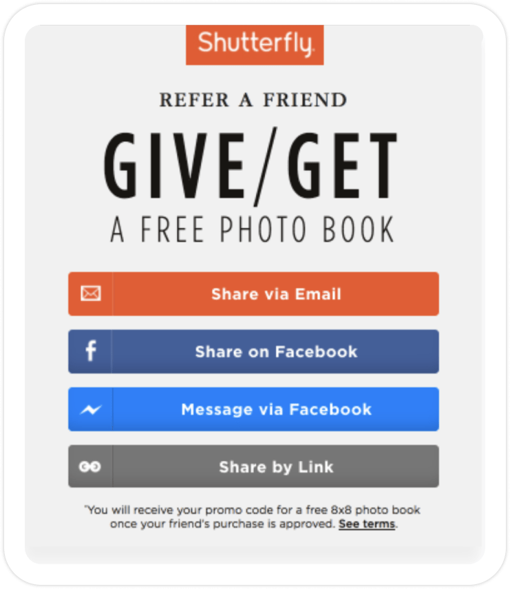 “Thank You” Page Best Practices for Your Referral Program (With Examples)_Offer incentives or gifts based_shutterfly referral program post-purchase segmentation