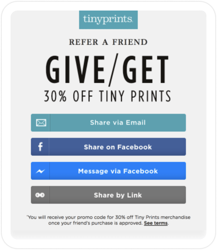 “Thank You” Page Best Practices for Your Referral Program (With Examples)_Offer incentives or gifts based_tinyprints referral campaign post-purchase segmentation