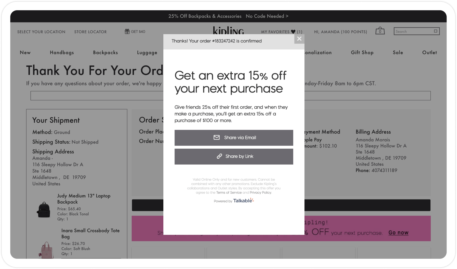 “Thank You” Page Best Practices for Your Referral Program (With Examples)_What elements to include_A thank you page on the Kipling website