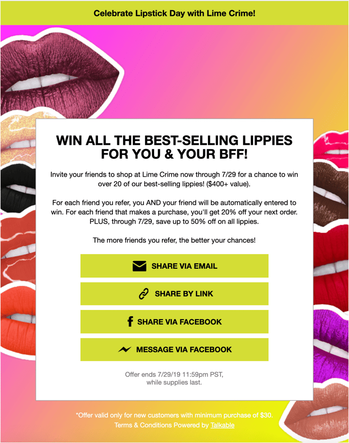 Lime Crime sweepstakes referral campign